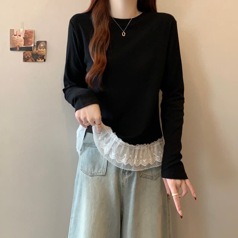 실사 빅 사이즈 지방 mm 가을 새로운 라운드 넥 단색 패치워크 레이스 밑단 긴팔 풀오버 맨위 t 상세 이미지 4