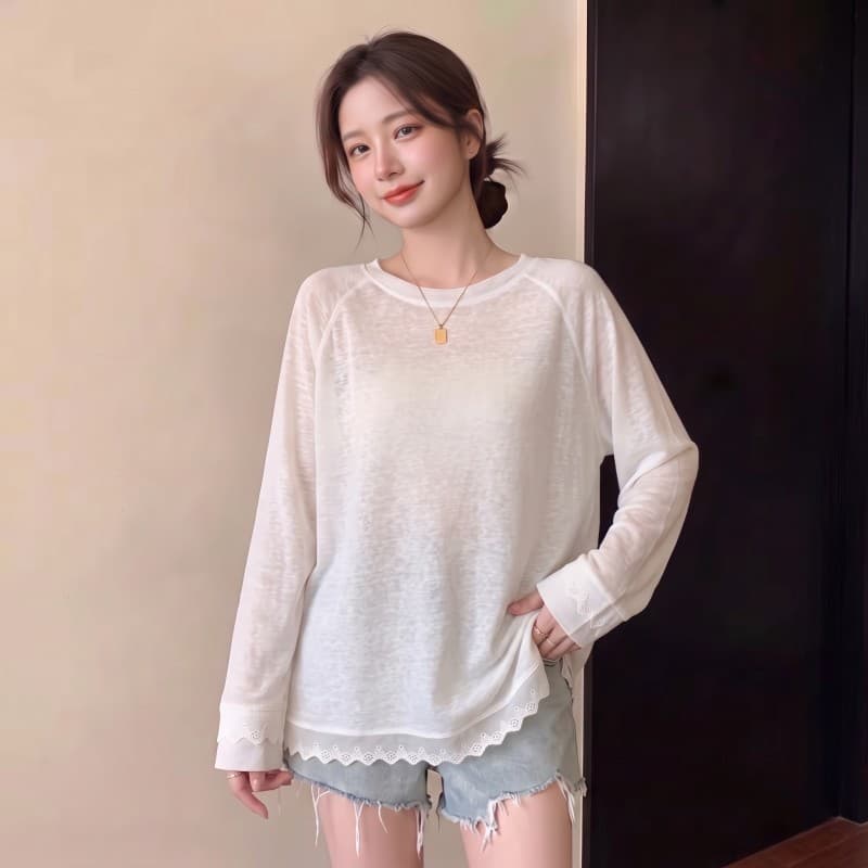 실사 빅 사이즈 지방 mm 가을 새로운 라운드 넥 삽입 어깨 소매 밑단 패치워크 레이스 긴팔 눈꽃 면 맨위