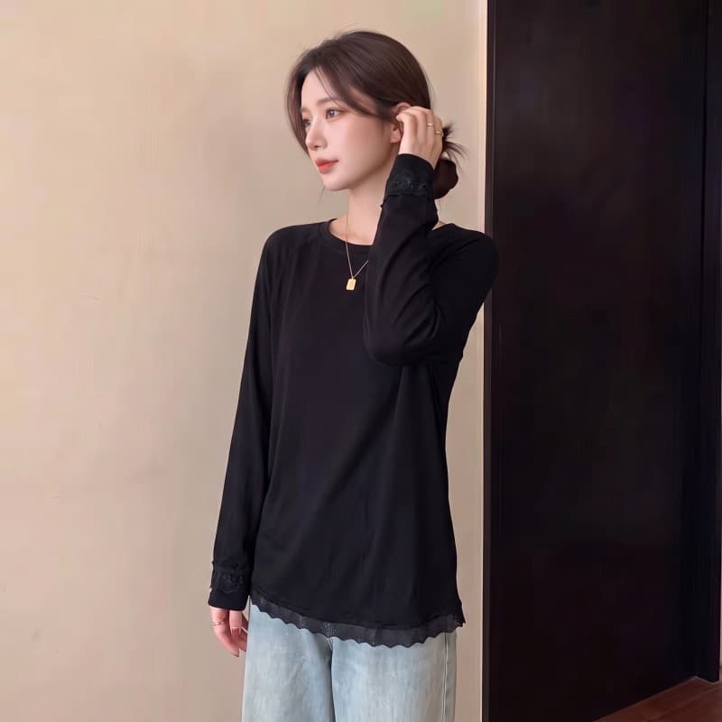 실사 빅 사이즈 지방 mm 가을 새로운 라운드 넥 삽입 어깨 소매 밑단 패치워크 레이스 긴팔 눈꽃 면 맨위 상세 이미지 3