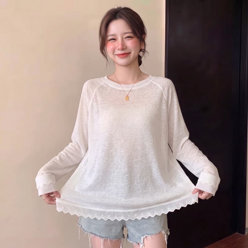실사 빅 사이즈 지방 mm 가을 새로운 라운드 넥 삽입 어깨 소매 밑단 패치워크 레이스 긴팔 눈꽃 면 맨위 상세 이미지 8