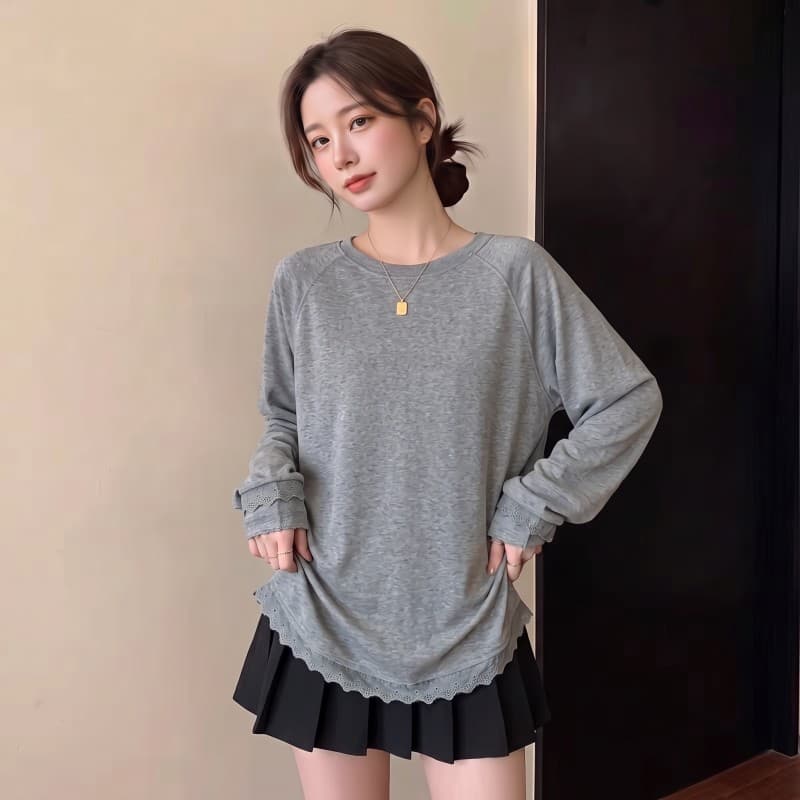 실사 빅 사이즈 지방 mm 가을 새로운 라운드 넥 삽입 어깨 소매 밑단 패치워크 레이스 긴팔 눈꽃 면 맨위 상세 이미지 10