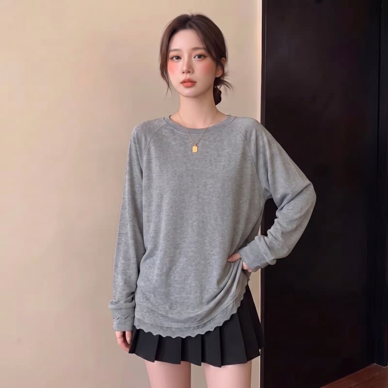 실사 빅 사이즈 지방 mm 가을 새로운 라운드 넥 삽입 어깨 소매 밑단 패치워크 레이스 긴팔 눈꽃 면 맨위 상세 이미지 13