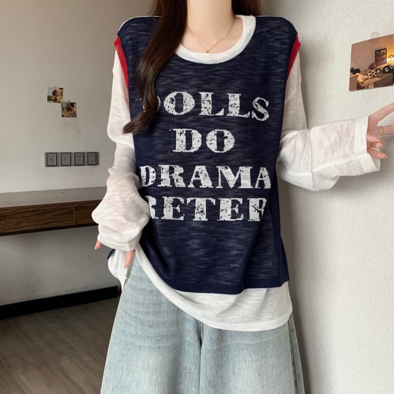 실사 빅 사이즈 지방 mm 가을 2026 새로운 배색 페이크 레이어드 라운드 넥 알파벳 긴팔 니트 스웨터 상세 이미지 17