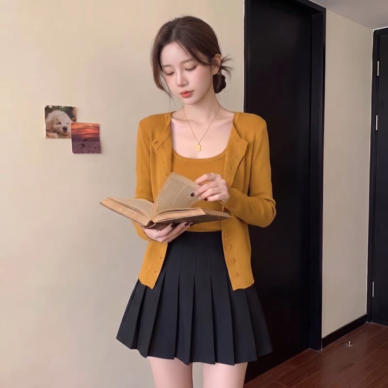 실사 빅 사이즈 지방 mm 가을 새로운 만나는 슬립 라운드 넥 미니멀리즘 긍정적 인 어깨 긴팔 오픈 가디건 스웨터 투피스 세트 상세 이미지 5