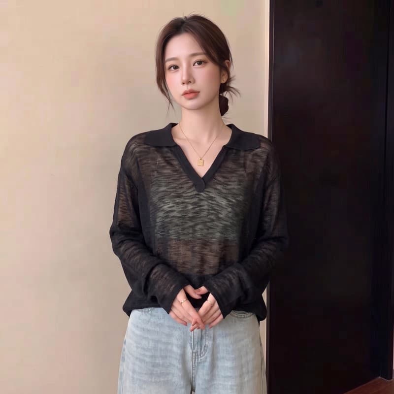 실사 빅 사이즈 지방 mm 이른 가을 새로운 V넥 polo 긴팔 긍정적 인 어깨 루즈핏 맨위 니트 스웨터 이미지 5