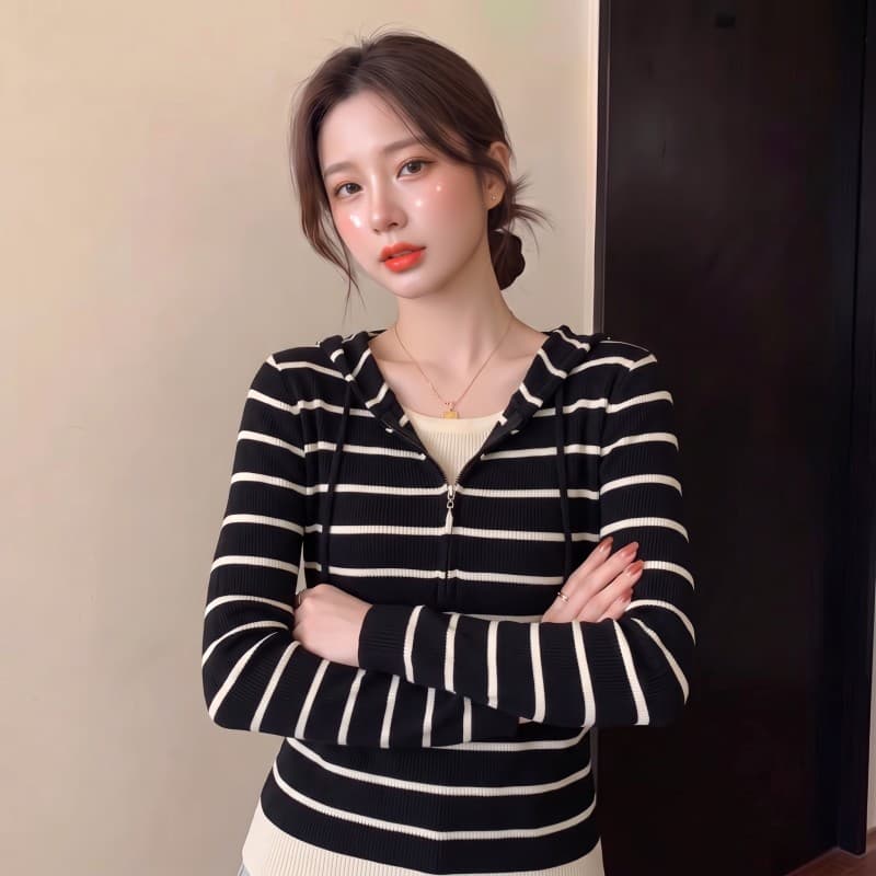 실사 빅 사이즈 지방 mm 가을 새로운 배색 스트라이프 후드 하프 지퍼 페이크 레이어드 긴팔 맨위 스웨터 이미지 4