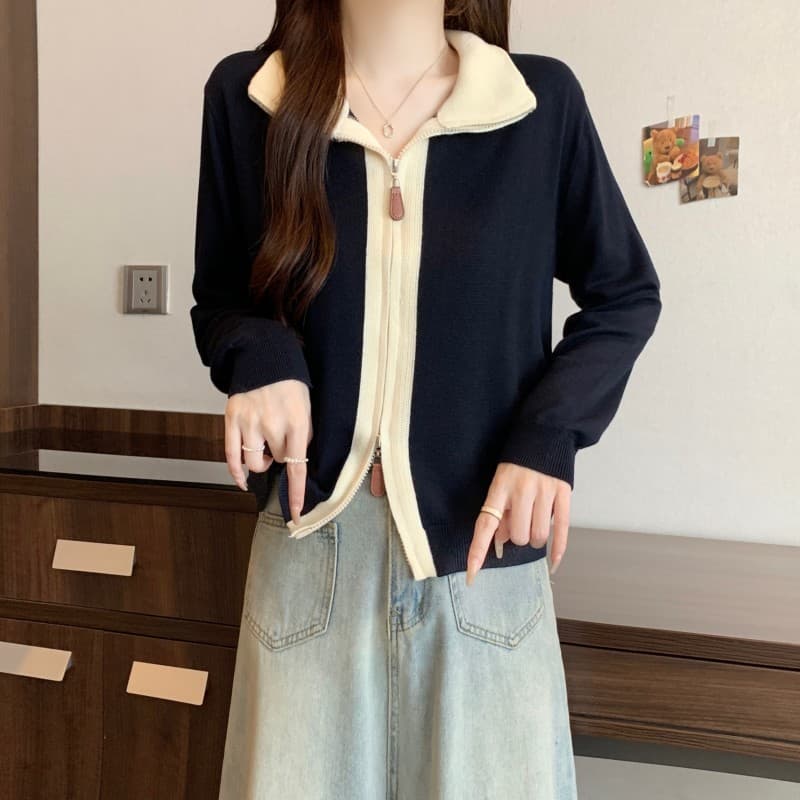 실사 빅 사이즈 지방 mm 가을 새로운 패치워크 색상 폴로 칼라 더블 지퍼 긍정적 인 어깨 긴팔 오픈 가디건 니트 스웨터 스웨터 상세 이미지 17