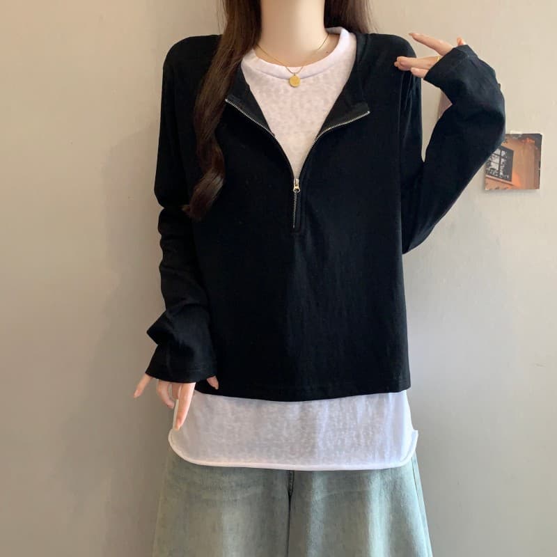 실사 빅 사이즈 지방 mm 가을 새로운 하프 지퍼 긴팔 긍정적 인 어깨 t+ 뒤로 심장 안에 가져 가라. 배색 투피스 세트 상세 이미지 4