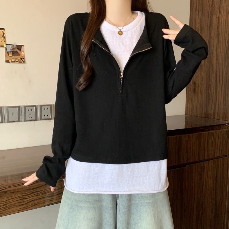 실사 빅 사이즈 지방 mm 가을 새로운 하프 지퍼 긴팔 긍정적 인 어깨 t+ 뒤로 심장 안에 가져 가라. 배색 투피스 세트 상세 이미지 6
