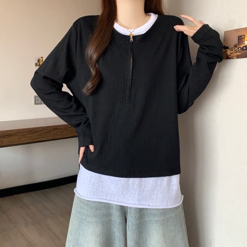 실사 빅 사이즈 지방 mm 가을 새로운 하프 지퍼 긴팔 긍정적 인 어깨 t+ 뒤로 심장 안에 가져 가라. 배색 투피스 세트 상세 이미지 9