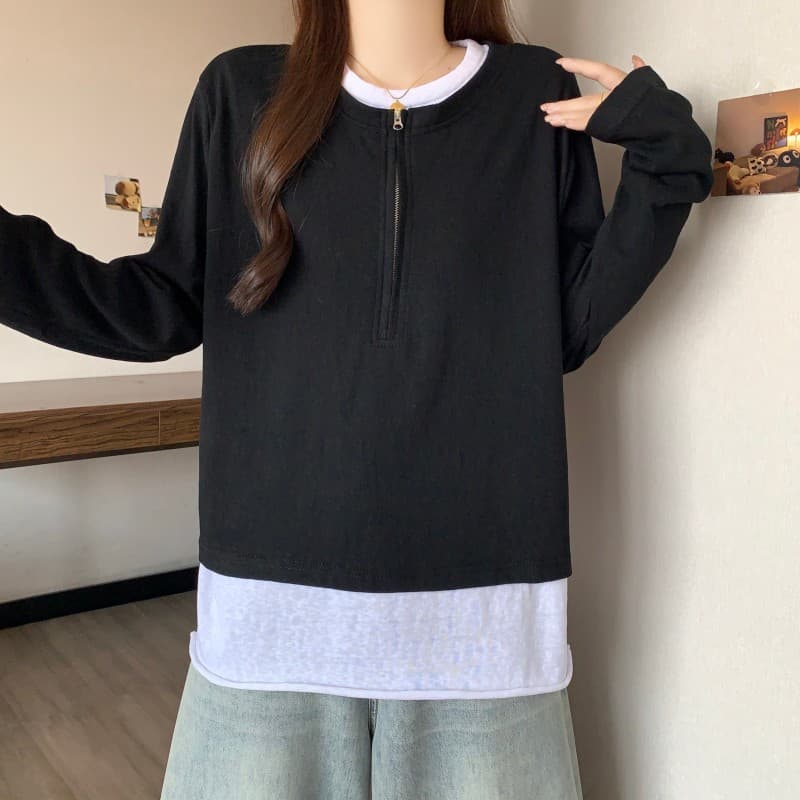 실사 빅 사이즈 지방 mm 가을 새로운 하프 지퍼 긴팔 긍정적 인 어깨 t+ 뒤로 심장 안에 가져 가라. 배색 투피스 세트 상세 이미지 10