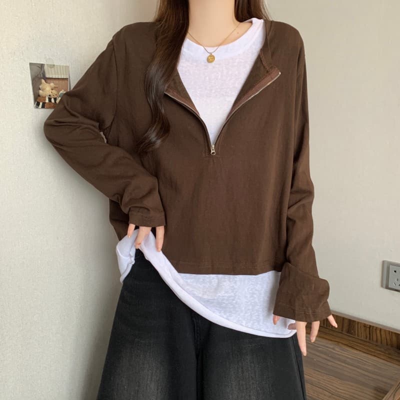 실사 빅 사이즈 지방 mm 가을 새로운 하프 지퍼 긴팔 긍정적 인 어깨 t+ 뒤로 심장 안에 가져 가라. 배색 투피스 세트 상세 이미지 17