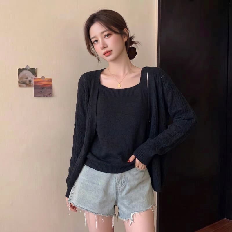 실사 빅 사이즈 지방 mm 가을 새로운 광장 칼라 슬립 긴팔 긍정적 인 어깨 오픈 가디건 스웨터 투피스 세트 상세 이미지 7
