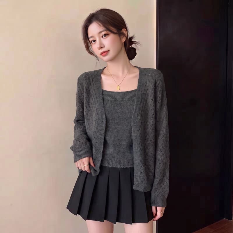실사 빅 사이즈 지방 mm 가을 새로운 광장 칼라 슬립 긴팔 긍정적 인 어깨 오픈 가디건 스웨터 투피스 세트 상세 이미지 8