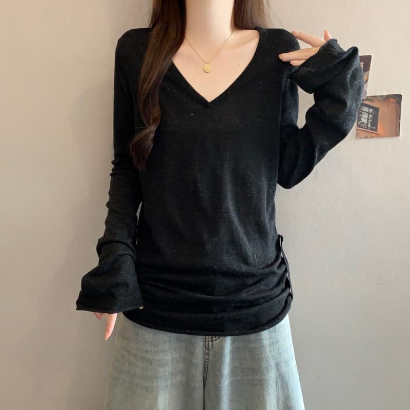실사 빅 사이즈 지방 mm 가을 새로운 V넥 색상 포인트 배색 밑단 펌프 Pleat 긴팔 긍정적 인 어깨 의류 니트 스웨터 상세 이미지 13