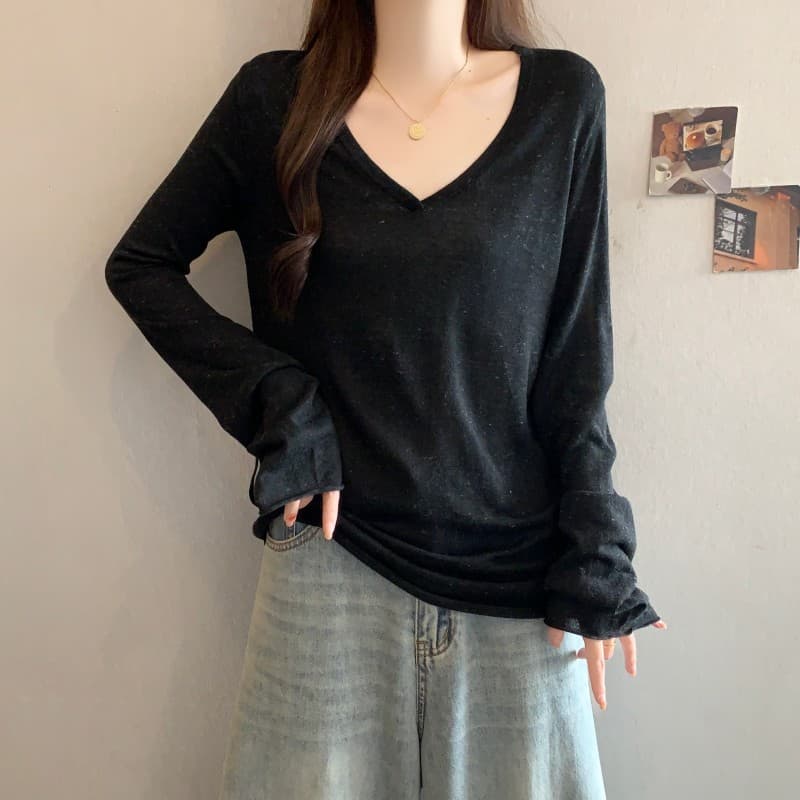 실사 빅 사이즈 지방 mm 가을 새로운 V넥 색상 포인트 배색 밑단 펌프 Pleat 긴팔 긍정적 인 어깨 의류 니트 스웨터 상세 이미지 14