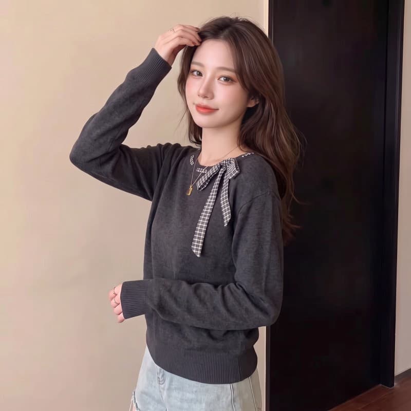 실사 빅 사이즈 지방 mm 가을 새로운 체크무늬 배색 나비 매듭 디자인 센스 칼라 긴팔 맨위 스웨터 상세 이미지 10