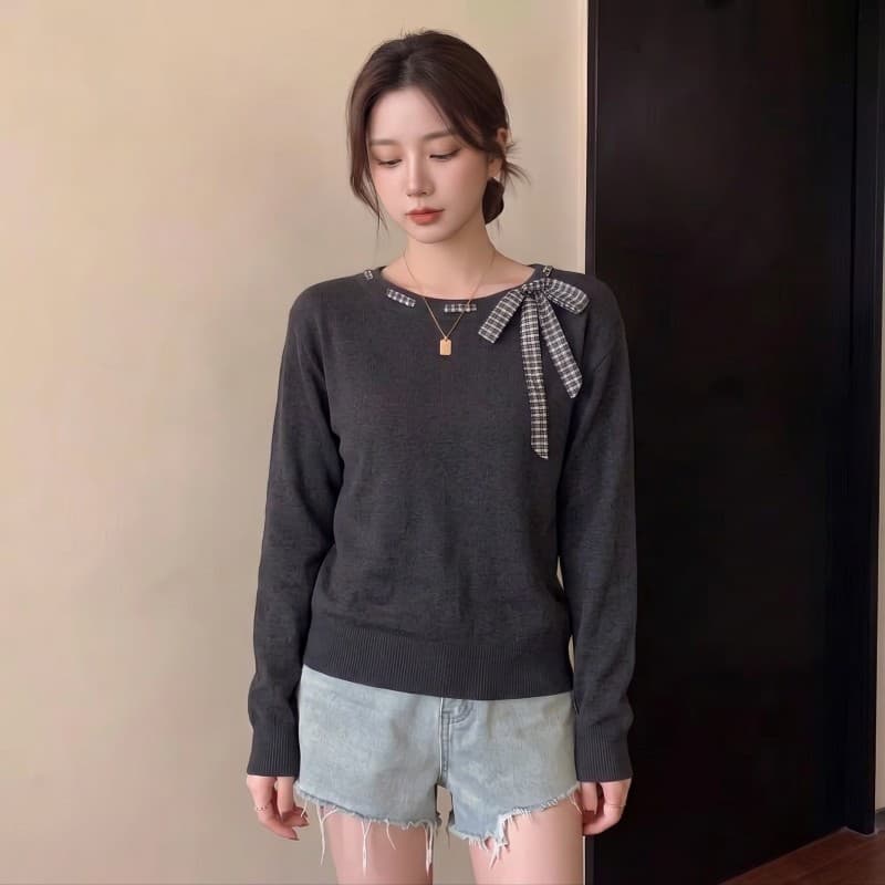 실사 빅 사이즈 지방 mm 가을 새로운 체크무늬 배색 나비 매듭 디자인 센스 칼라 긴팔 맨위 스웨터 상세 이미지 11