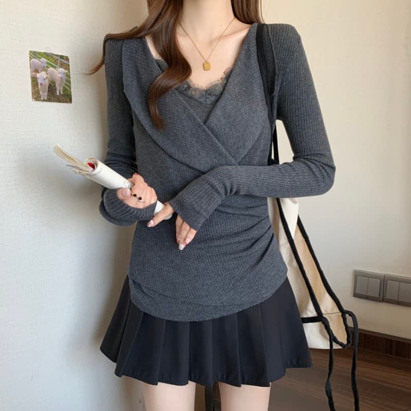 실사 빅 사이즈 지방 mm 가을 2026 새로운 레이스 페이크 레이어드 폴로 칼라 긴팔 풀오버 긴팔 맨위 이미지 6