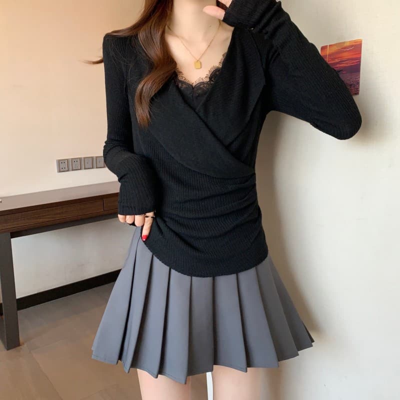 실사 빅 사이즈 지방 mm 가을 2026 새로운 레이스 페이크 레이어드 폴로 칼라 긴팔 풀오버 긴팔 맨위 상세 이미지 10