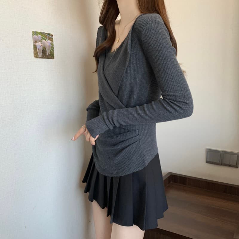 실사 빅 사이즈 지방 mm 가을 2026 새로운 레이스 페이크 레이어드 폴로 칼라 긴팔 풀오버 긴팔 맨위 상세 이미지 17