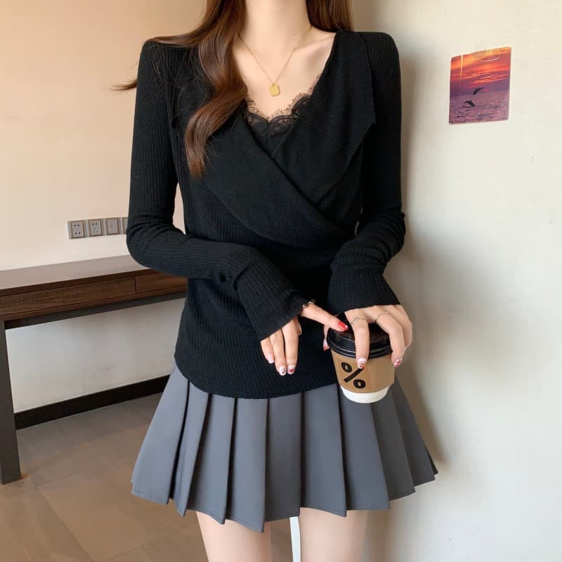 실사 빅 사이즈 지방 mm 가을 2026 새로운 레이스 페이크 레이어드 폴로 칼라 긴팔 풀오버 긴팔 맨위 상세 이미지 26