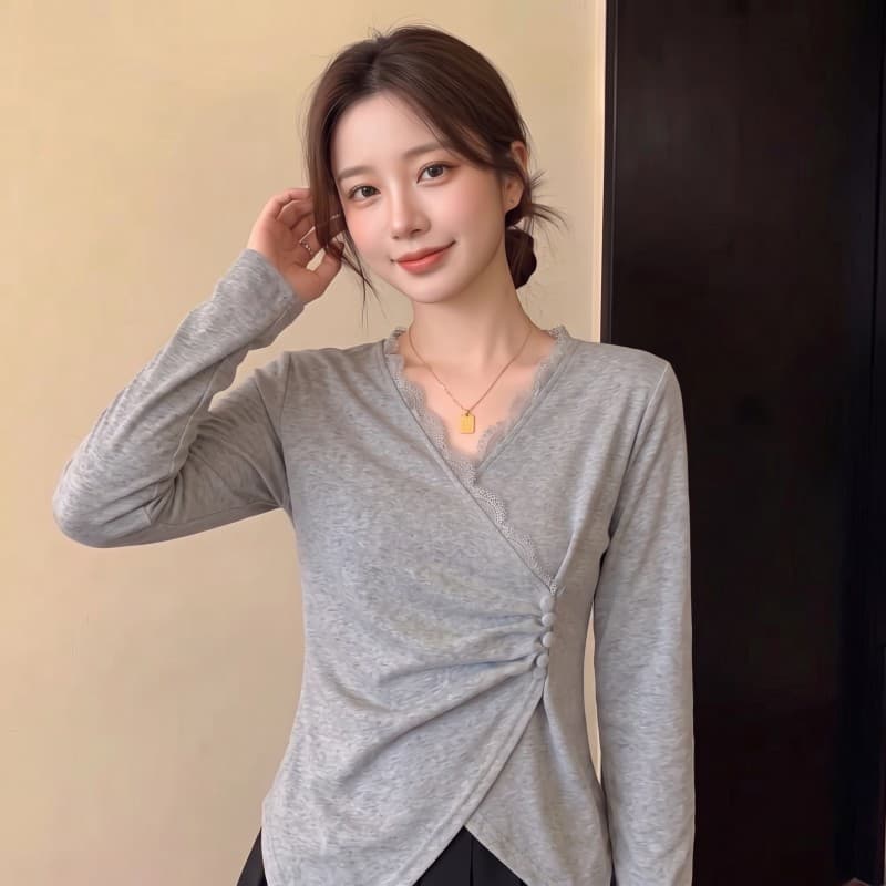 실사 빅 사이즈 지방 mm 가을 새로운 레이스 V넥 패치워크 비대칭 밑단 맨위 긴팔 티셔츠 이미지 5