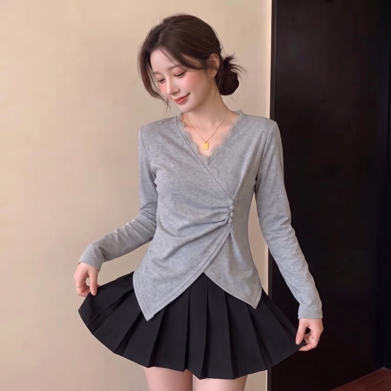 실사 빅 사이즈 지방 mm 가을 새로운 레이스 V넥 패치워크 비대칭 밑단 맨위 긴팔 티셔츠 상세 이미지 3