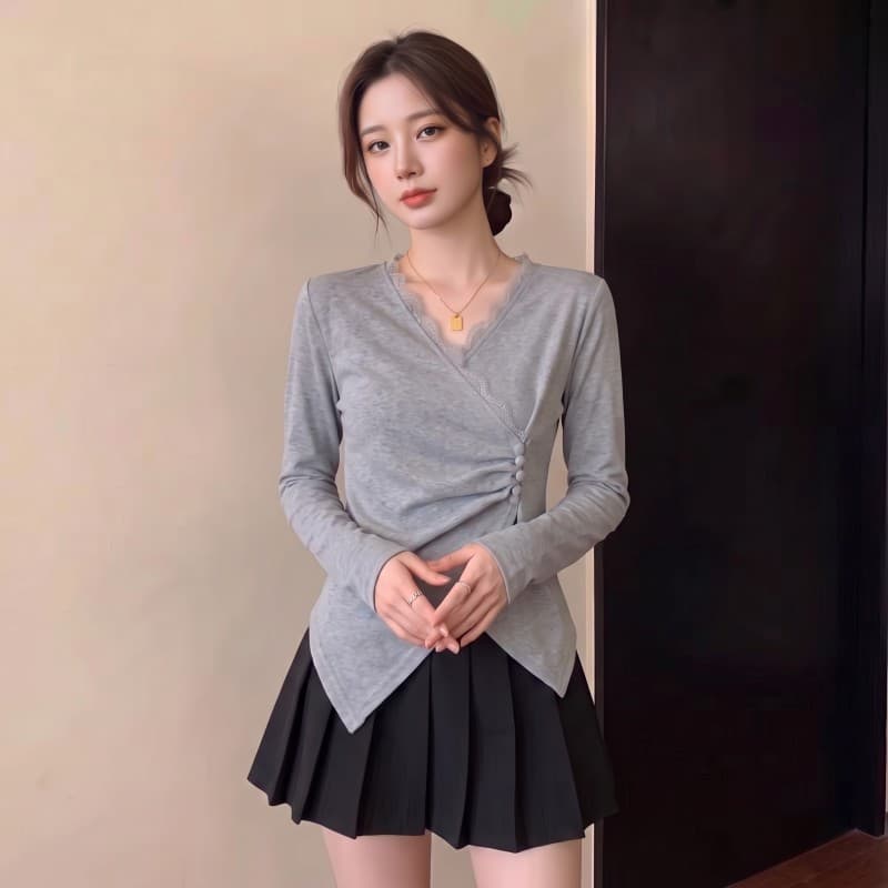 실사 빅 사이즈 지방 mm 가을 새로운 레이스 V넥 패치워크 비대칭 밑단 맨위 긴팔 티셔츠 상세 이미지 5