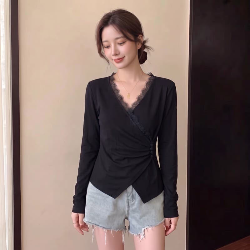 실사 빅 사이즈 지방 mm 가을 새로운 레이스 V넥 패치워크 비대칭 밑단 맨위 긴팔 티셔츠 상세 이미지 6