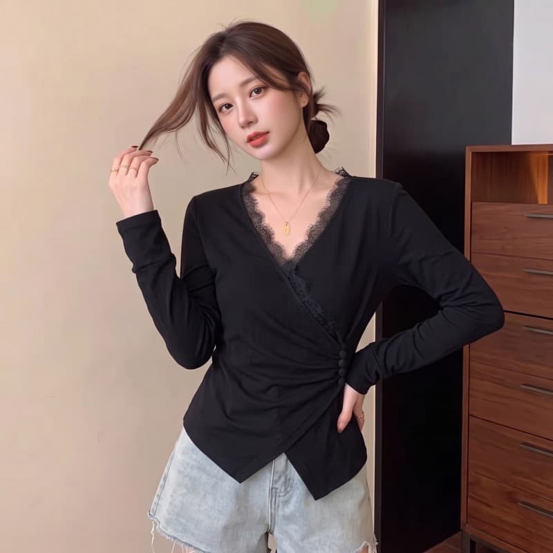 실사 빅 사이즈 지방 mm 가을 새로운 레이스 V넥 패치워크 비대칭 밑단 맨위 긴팔 티셔츠 상세 이미지 7