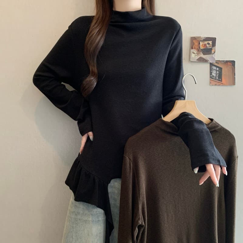 실사 빅 사이즈 지방 mm 가을 새로운 스탠드 칼라 미니멀리즘 밑단 불규칙 리본 긴팔 긍정적 인 어깨 티셔츠 상세 이미지 2
