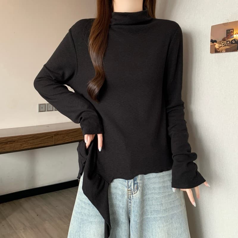 실사 빅 사이즈 지방 mm 가을 새로운 스탠드 칼라 미니멀리즘 밑단 불규칙 리본 긴팔 긍정적 인 어깨 티셔츠 상세 이미지 5