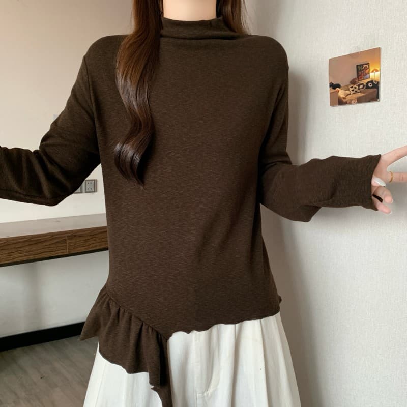 실사 빅 사이즈 지방 mm 가을 새로운 스탠드 칼라 미니멀리즘 밑단 불규칙 리본 긴팔 긍정적 인 어깨 티셔츠 상세 이미지 11