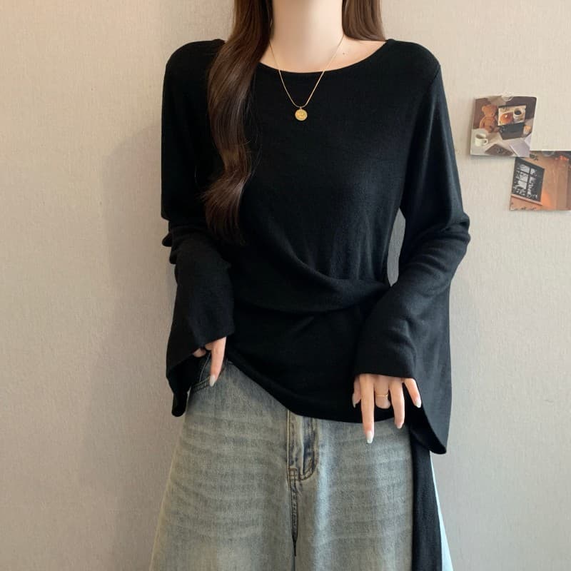 실사 빅 사이즈 지방 mm 가을 새로운 라운드 넥 허리 수축 리본 긍정적 인 어깨 벌룬 소매 슬림해 보이는 맨위 니트 스웨터 상세 이미지 8
