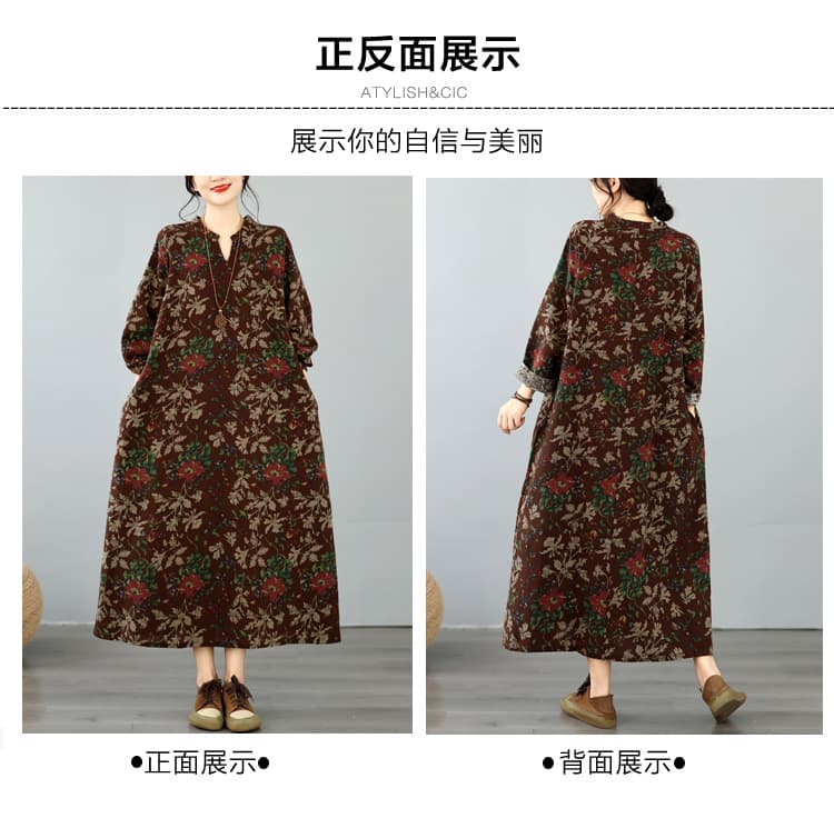 실사 2026 새로운 레트로 문예 면 린넨 프린트 긴팔 루즈핏 슬림해 보이는 표지 고기 빅 사이즈 드레스 롱 스커트 상세 이미지 3