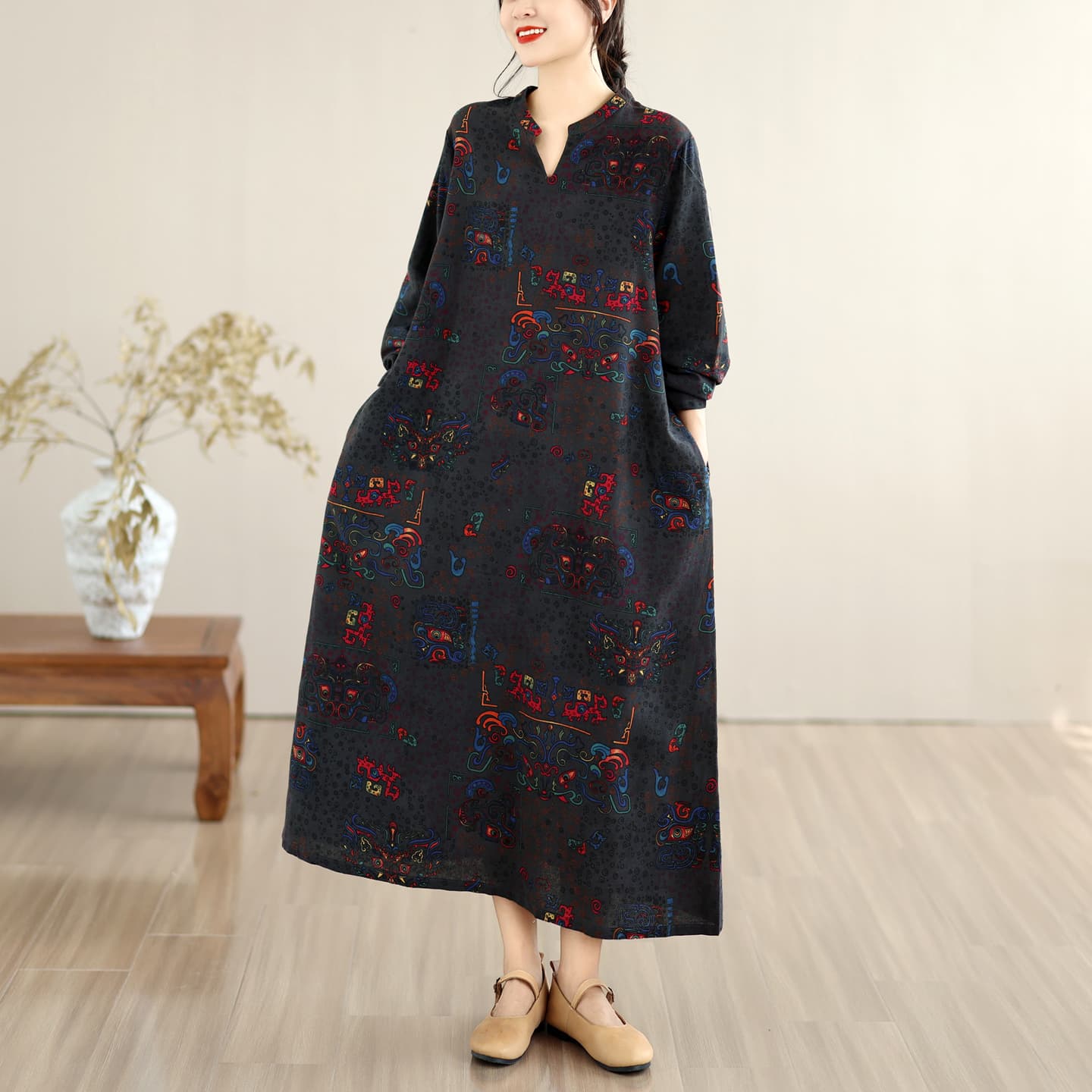 실사 2026 새로운 레트로 문예 면 린넨 프린트 긴팔 루즈핏 슬림해 보이는 표지 고기 빅 사이즈 드레스 롱 스커트