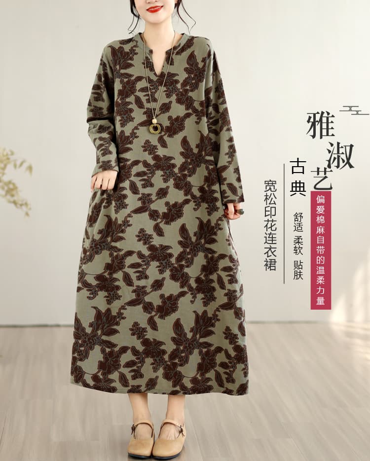 실사 2026 새로운 레트로 문예 면 린넨 프린트 긴팔 루즈핏 슬림해 보이는 표지 고기 빅 사이즈 드레스 롱 스커트 상세 이미지 1
