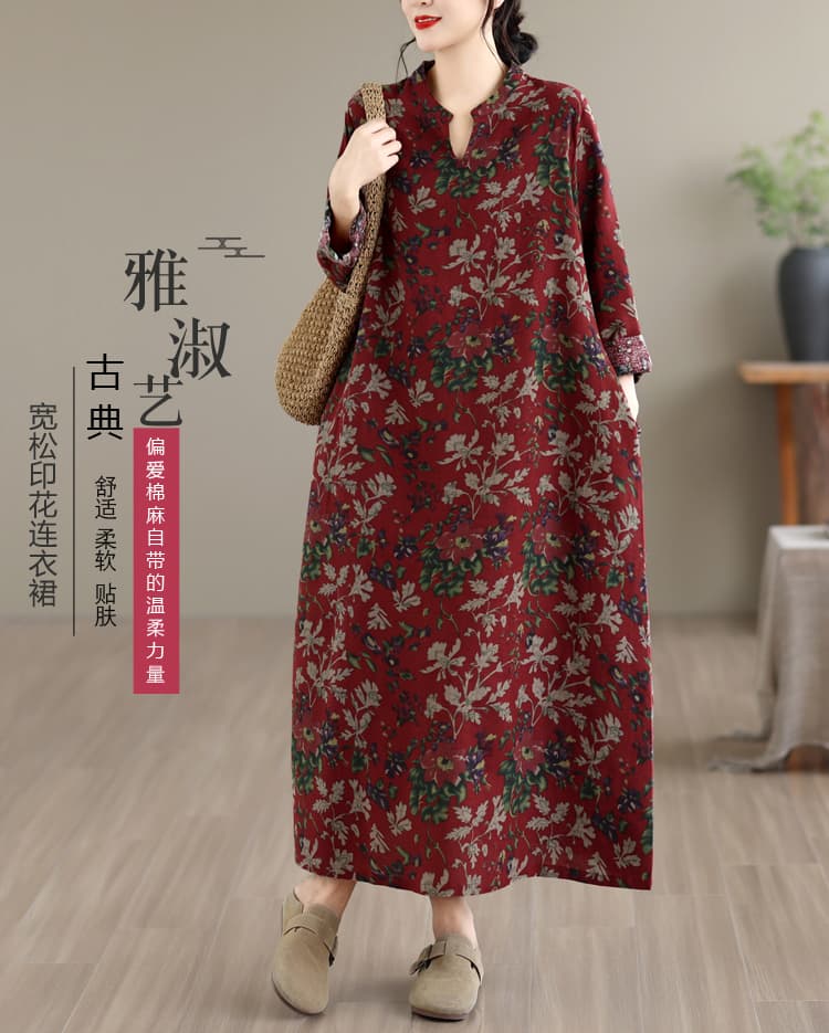 실사 2026 새로운 레트로 문예 면 린넨 프린트 긴팔 루즈핏 슬림해 보이는 표지 고기 빅 사이즈 드레스 롱 스커트 상세 이미지 1