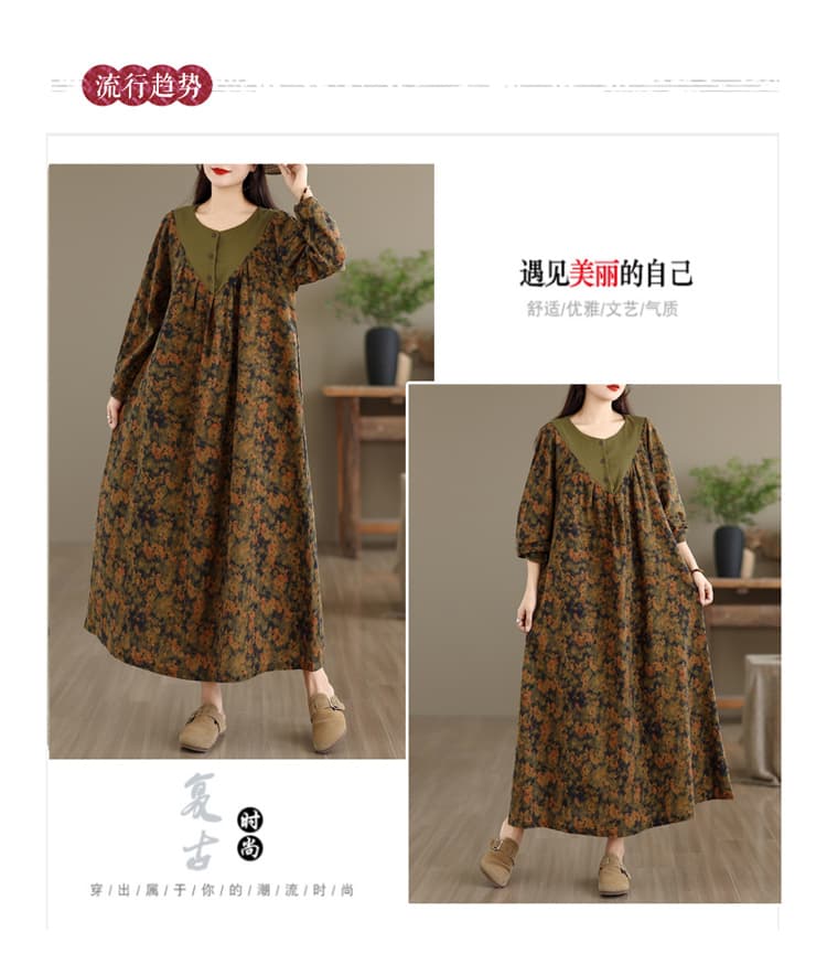 실사 새로운 가을 민족 스타일 우아함 연령 감소 면 린넨 루즈핏 슬림해 보이는 대기 꽃무늬 드레스 상세 이미지 5