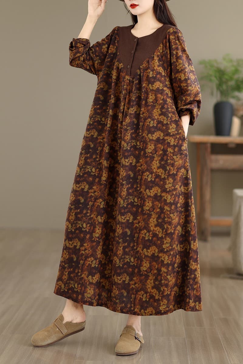실사 새로운 가을 민족 스타일 우아함 연령 감소 면 린넨 루즈핏 슬림해 보이는 대기 꽃무늬 드레스 이미지 6