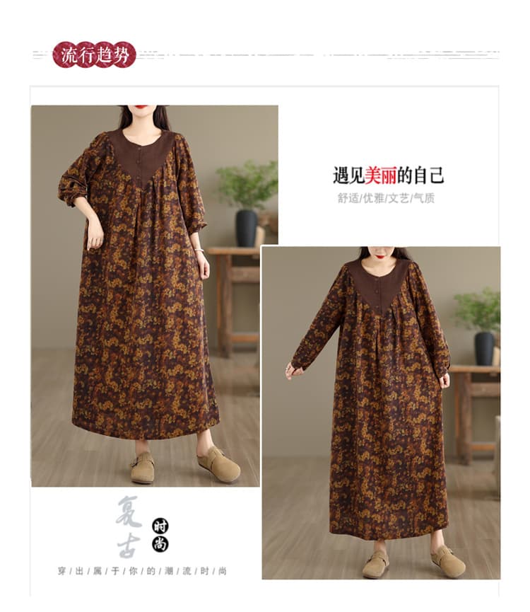 실사 새로운 가을 민족 스타일 우아함 연령 감소 면 린넨 루즈핏 슬림해 보이는 대기 꽃무늬 드레스 상세 이미지 5