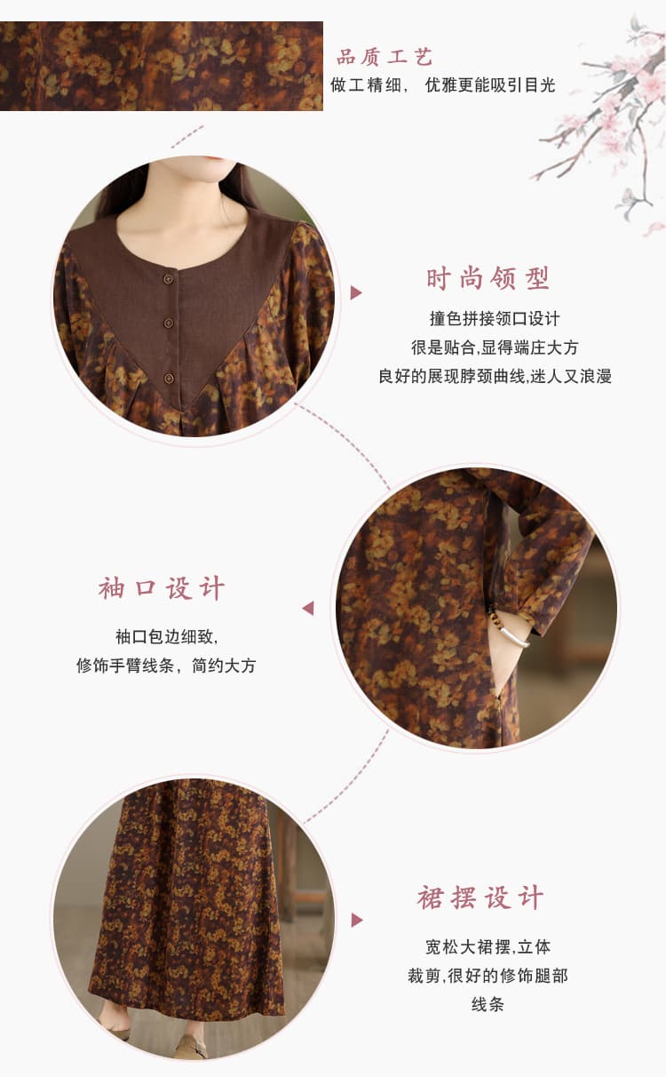 실사 새로운 가을 민족 스타일 우아함 연령 감소 면 린넨 루즈핏 슬림해 보이는 대기 꽃무늬 드레스 상세 이미지 6