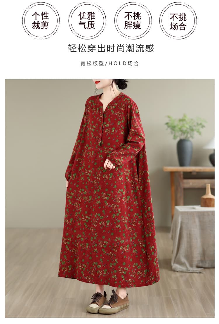 실사 가을 문예 레트로 면 린넨 프린트 반팔 여성 드레스 루즈핏 슬림해 보이는 패치워크 빅 사이즈 A라인 스커트 여성 상세 이미지 2