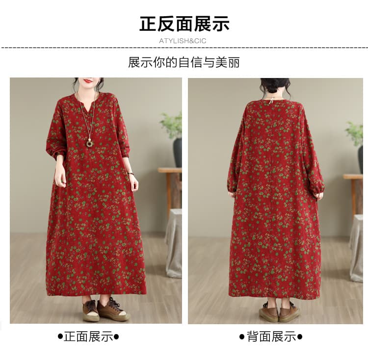 실사 가을 문예 레트로 면 린넨 프린트 반팔 여성 드레스 루즈핏 슬림해 보이는 패치워크 빅 사이즈 A라인 스커트 여성 상세 이미지 3