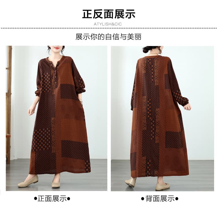 실사 가을 문예 레트로 면 린넨 프린트 반팔 여성 드레스 루즈핏 슬림해 보이는 패치워크 빅 사이즈 A라인 스커트 여성 상세 이미지 3