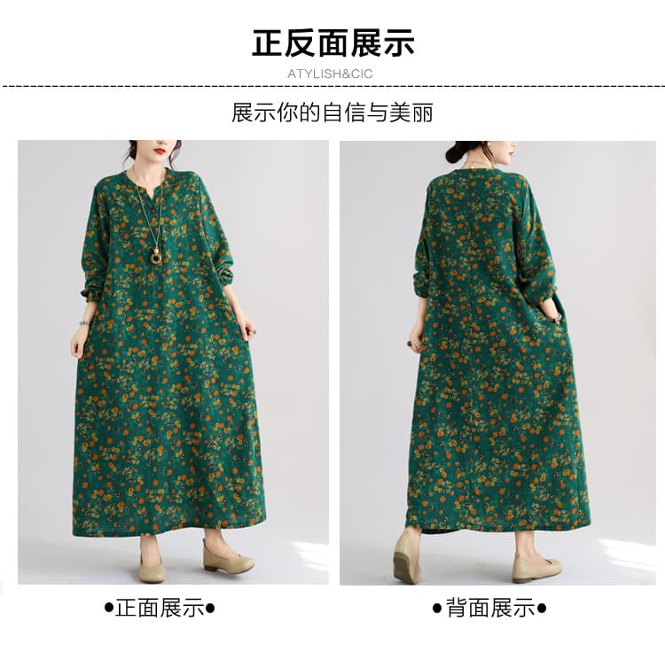 실사 가을 문예 레트로 면 린넨 프린트 반팔 여성 드레스 루즈핏 슬림해 보이는 패치워크 빅 사이즈 A라인 스커트 여성 상세 이미지 3