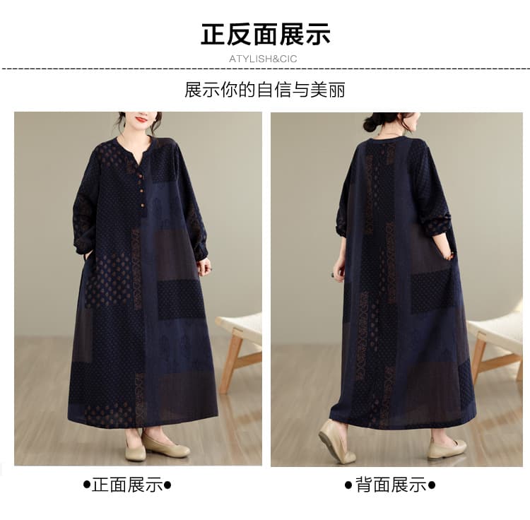 실사 가을 문예 레트로 면 린넨 프린트 반팔 여성 드레스 루즈핏 슬림해 보이는 패치워크 빅 사이즈 A라인 스커트 여성 상세 이미지 3