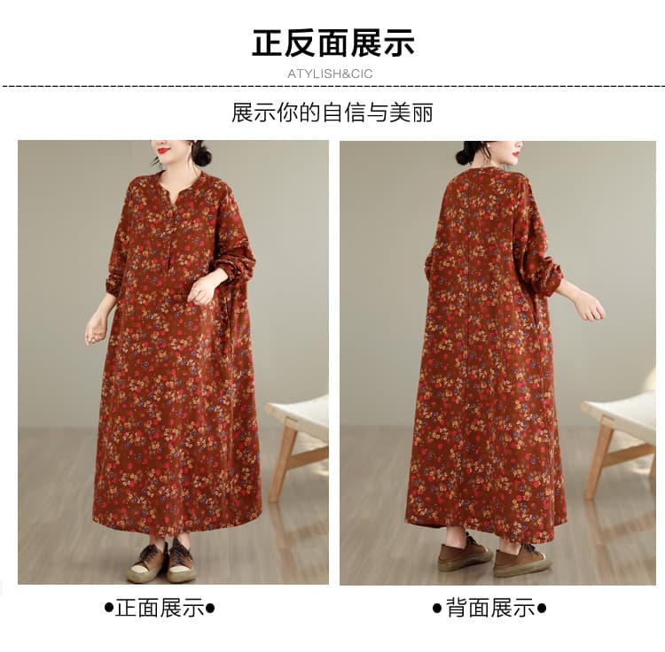 실사 가을 문예 레트로 면 린넨 프린트 반팔 여성 드레스 루즈핏 슬림해 보이는 패치워크 빅 사이즈 A라인 스커트 여성 상세 이미지 3