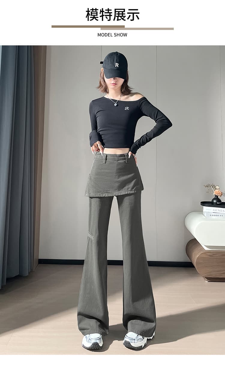 실사 질량 재고 있음 페이크 레이어드 회색 나팔 워크웨어 팬츠 여성 새로운 한국 스타일 하이웨이스트 캐주얼 방귀 커튼 바지 상세 이미지 11